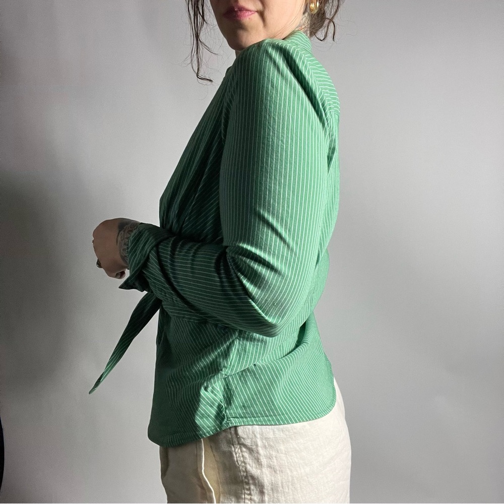ANTHROPOLOGIE MAEVE Tie Waist Striped Green Button Down Shirt Womens 6 - Picture 4 of 6